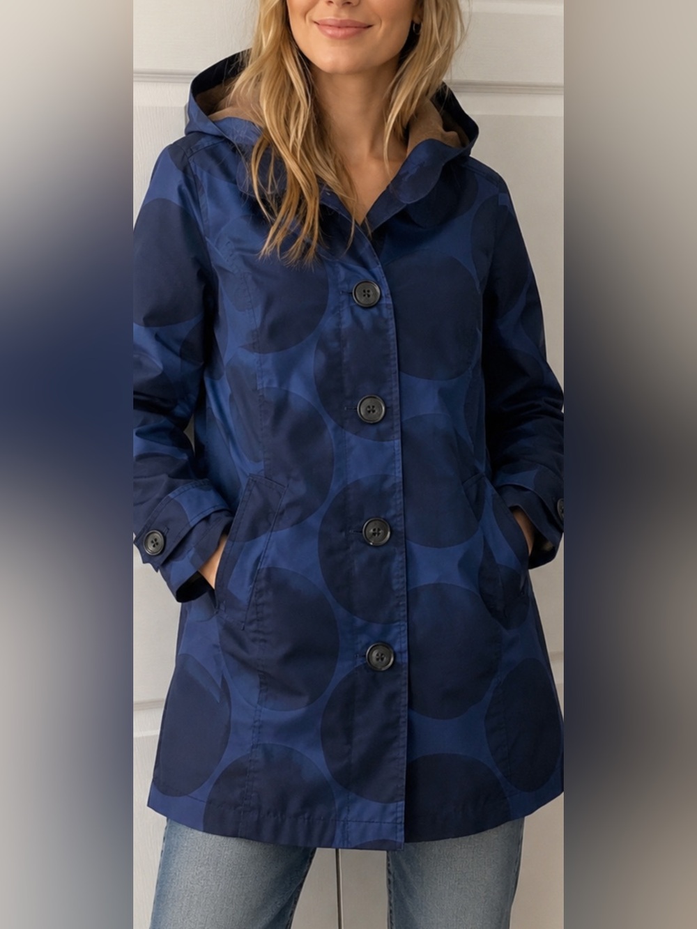 Boden Women’s Hooded Rain Coat Blue Polka Dot Fleece Lined Jacket US 6 UK10